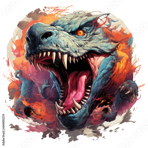 An epic Dinosaur t-shirt design capturing a climactic battle between a fierce, fire-breathing dragon-dinosaur and a group of brave warriors in a sprawling, Generative Ai © creativeproartist