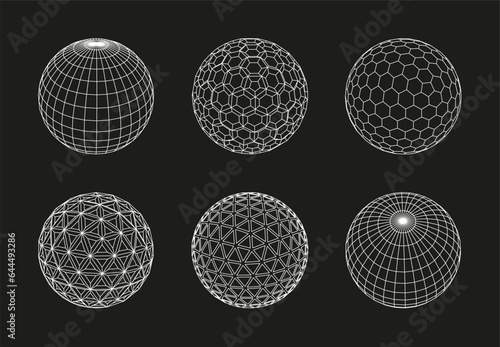 Sphere grid. 3D wireframe spheres, line globe outline mesh. Digital ball with polygons geometric patterns tech abstract minimalist concept. Vector isolated set