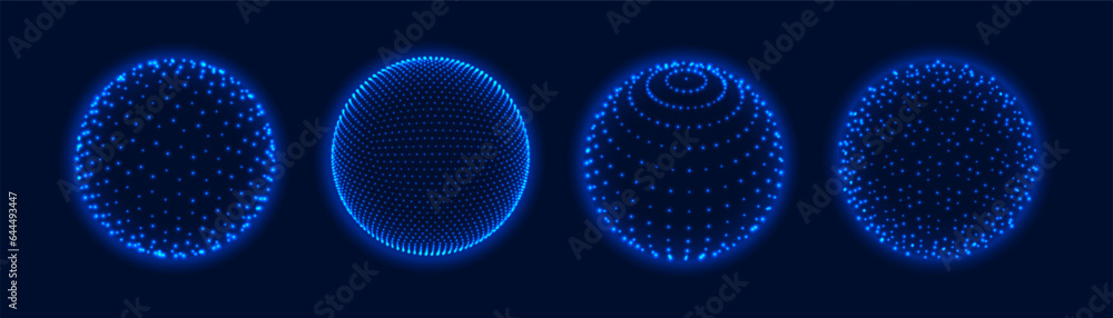 3d grid spheres with light dots. Atom Earth orb, science globe with particles virtual reality mesh balls. Abstract glowing blue spheres vector set 3d grid spheres with light dots. Atom Earth orb, science globe with particles virtual reality mesh balls. Abstract glowing blue spheres vector set