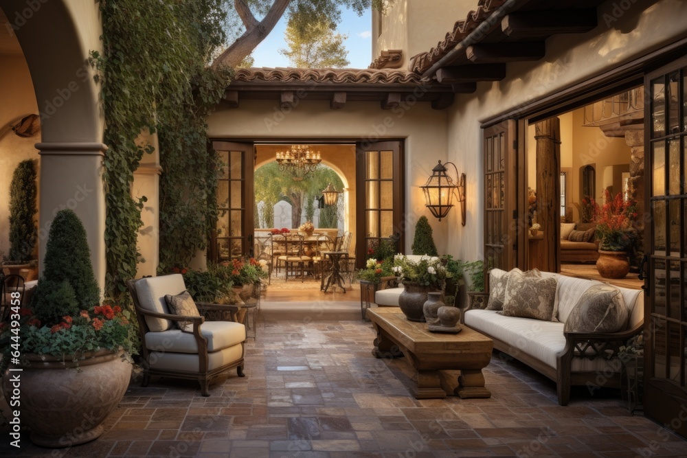 Open patio in Mediterranean style with comfortable armchairs