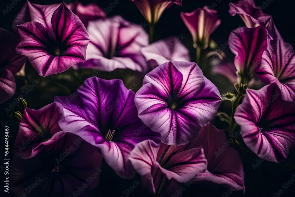 A Still Life Close Up Shot of Petunia Flowers. Delicate petals in shades of pink and purple fill the frame, each one intricate details when examined up close - AI Generative A Still Life Close Up Shot of Petunia Flowers. Delicate petals in shades of pink and purple fill the frame, each one intricate details when examined up close - AI Generative