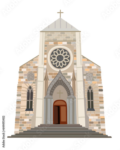 Christian catholic church. Building of gothic cathedral. Religious architecture exterior. Vector isolated illustration.