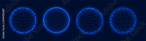 3d grid spheres with light dots. Atom Earth orb, science globe with particles virtual reality mesh balls. Abstract glowing blue spheres vector set