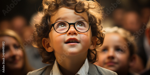 Intelligentes Kind mit Anzug beim Börsenhandel schaut zu und lernt im Querformat für Banner, ai generativ