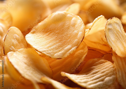 Close up of crunchy lightly salted potato crisps chips on table.Macro.AI Generative