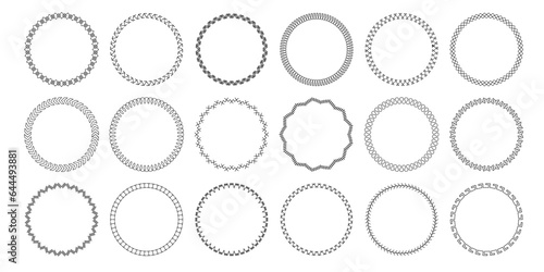 Sewing circle frames. Embroidery circular pattern borders, decorative stitched round design. Sew seams circles. Vintage sewing ring isolated vector set