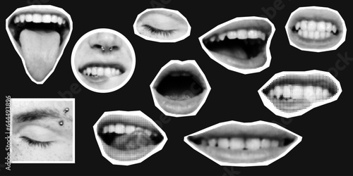  Punk collage made from face elements. Mouth, lips, teeth, tongue, smiles in halftone processing. Vector illustration.Halftone effect. Retro style, vintage, magazine clippings