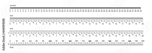 Inch and metric rulers. Centimeters, inches and foot, yard and millimeter unit measuring scale. Precision imperial measurement of ruler tools. Vector set photo