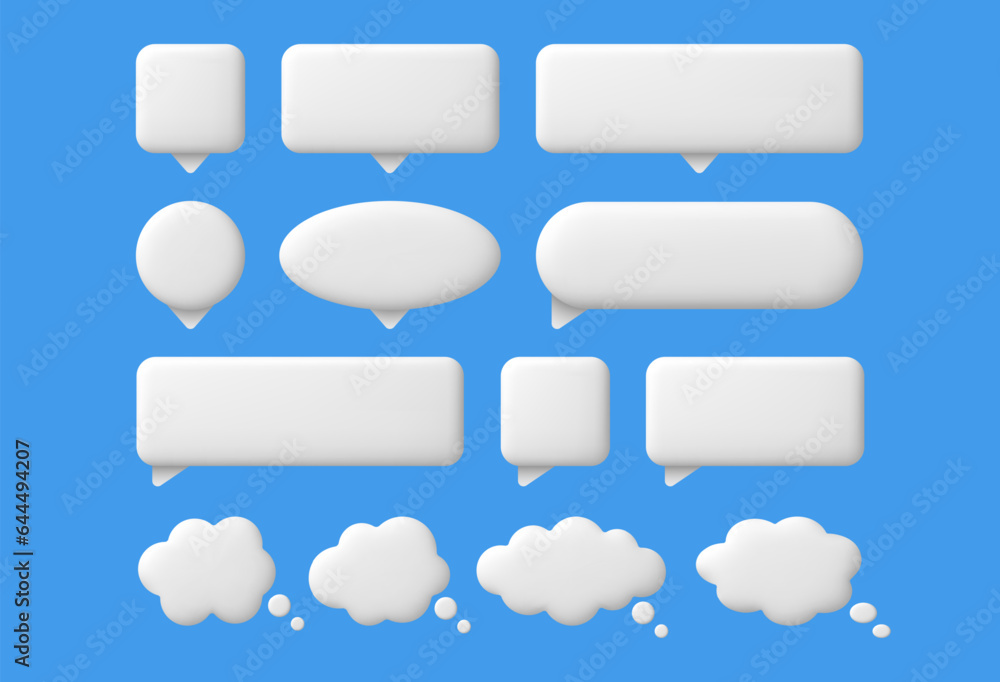 3d speech bubbles. White chat message text bubble, thinking and dialogue empty balloons. Thought comic clouds, online talking box isolated vector set 3d speech bubbles. White chat message text bubble, thinking and dialogue empty balloons. Thought comic clouds, online talking box isolated vector set