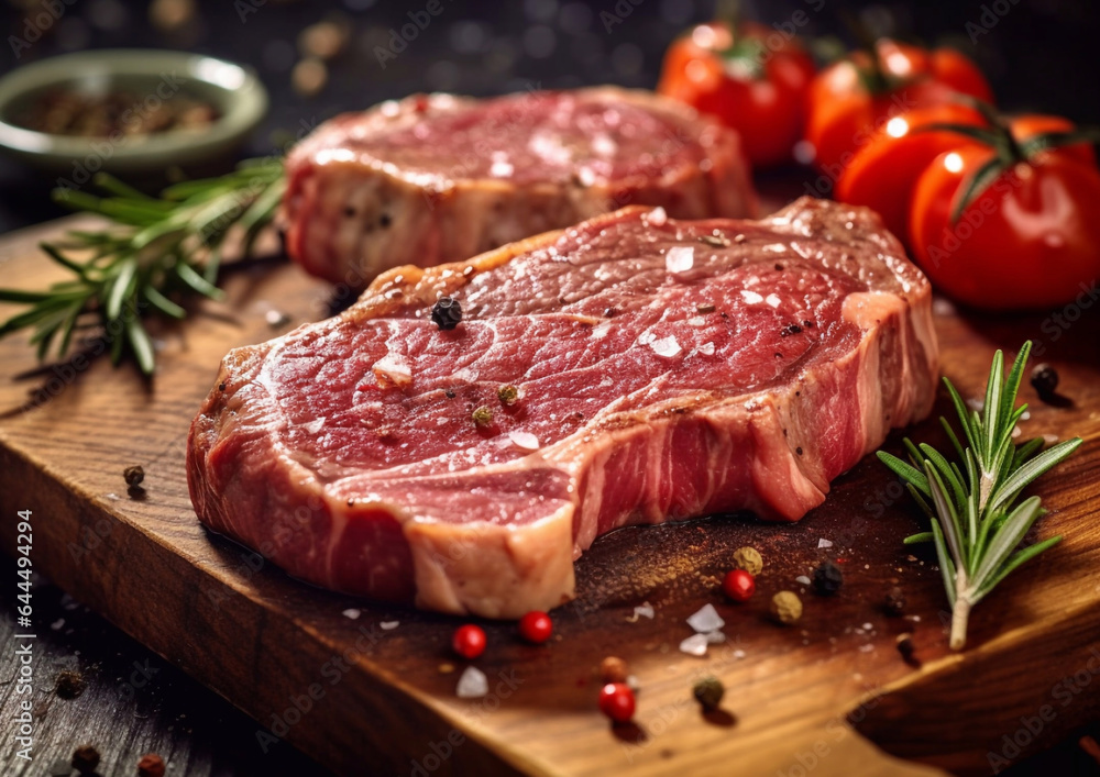 Raw fillet of rib eye steak with rosemary and pepper onchopping board.Macro.AI Generative