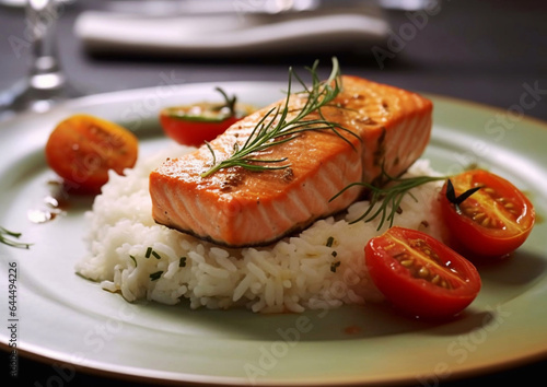 Salmon fillet with rice and vegetables on restaurant table.Macro.Ai Generative