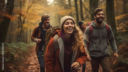 Group of Friends Hiking in Scenic Autumn Forest: Embracing Adventure in Camping Attire