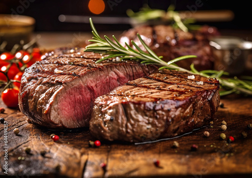 Photo Rib eye grilled steak with pepper and rosemary on restaurant table