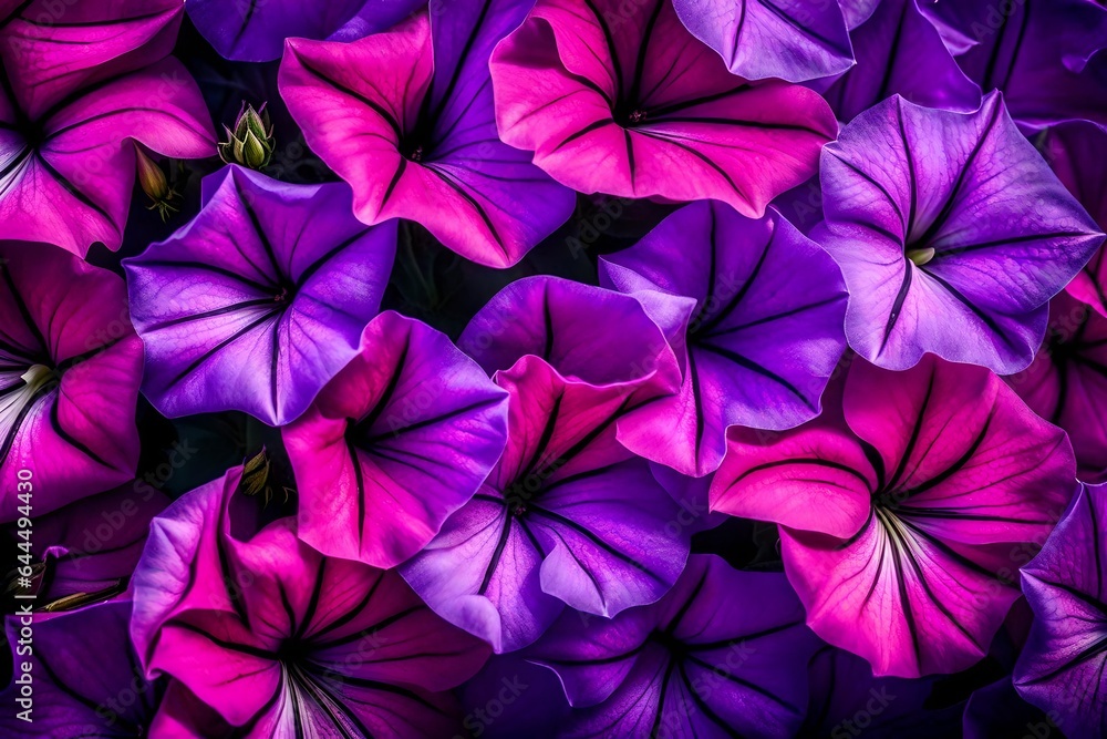 A Still Life Close Up Shot of Petunia Flowers. These blossoms, captured in their full glory, display an array of colors from deep purples to vibrant pinks - AI Generative