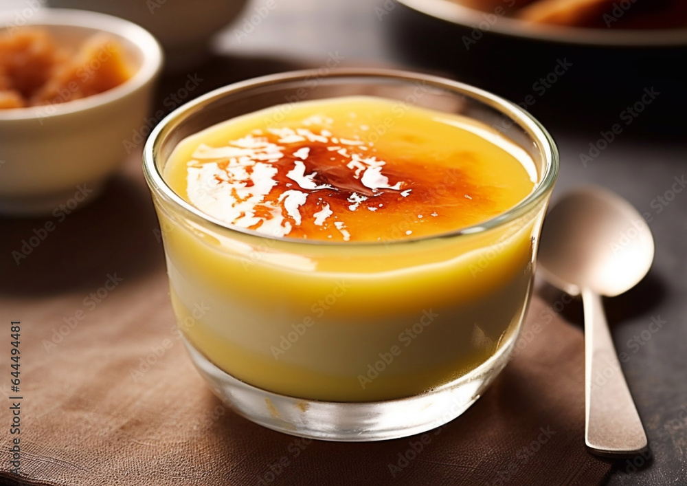 Custard pudding with sauce and brown sugar and spoon.Macro.AI Generative Custard pudding with sauce and brown sugar and spoon.Macro.AI Generative