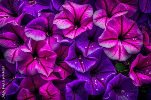A Still Life Close Up Shot of Petunia Flowers. These blossoms, captured in their full glory, display an array of colors from deep purples to vibrant pinks - AI Generative © Being Imaginative
