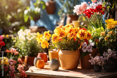 Various potted colorful flowers under the bright sun on a wooden table against blurred background. Flowering and gardening concept