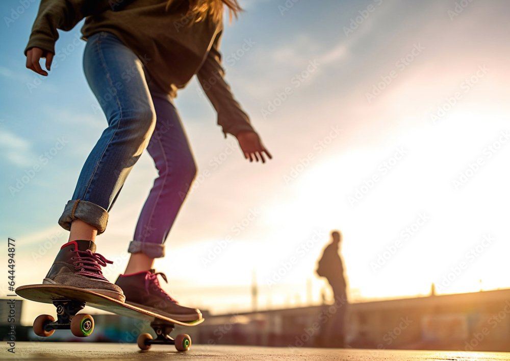 Young woman on skateboard in park.Macro.AI Generative Young woman on skateboard in park.Macro.AI Generative