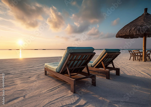 Sunbeds with umbrella to watch sunset on tropical luxury resort.Macro.AI Generative