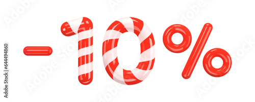 10 percent Off. Christmas Sale. Discount creative design of red and striped volumetric numbers and signs. Mega sale or ten percent bonus symbol on white. Sale banner and poster. 3d Vector
