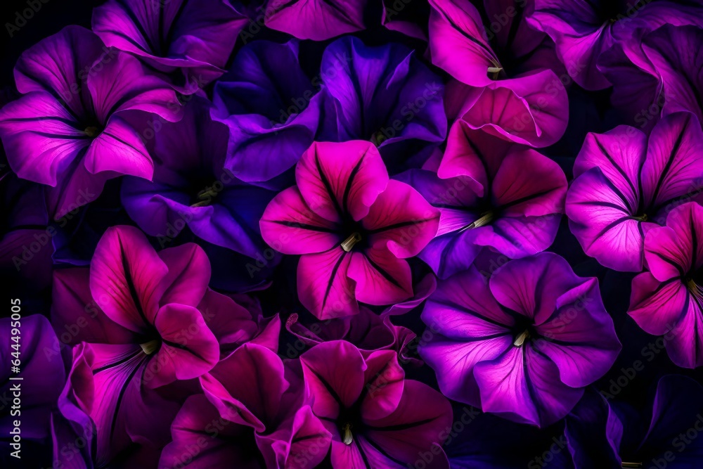 A Still Life Close Up Shot of Petunia Flowers. These delicate blooms are captured in exquisite detail, showcasing their velvety petals and the tiny hairs that adorn them - AI Generative A Still Life Close Up Shot of Petunia Flowers. These delicate blooms are captured in exquisite detail, showcasing their velvety petals and the tiny hairs that adorn them - AI Generative
