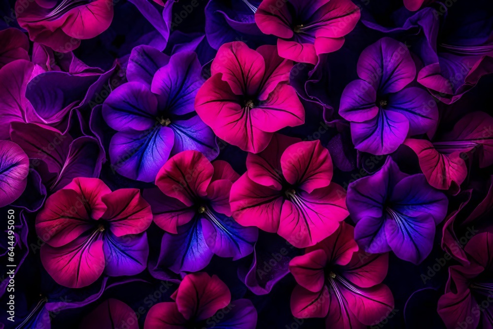 A Still Life Close Up Shot of Petunia Flowers. These delicate blooms are captured in exquisite detail, showcasing their velvety petals and the tiny hairs that adorn them - AI Generative