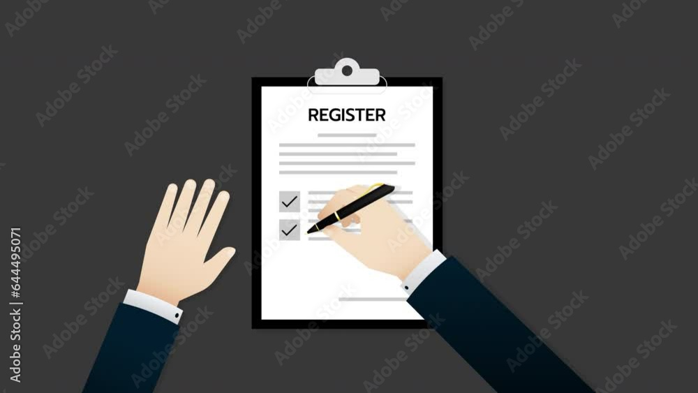 Animation of Businessman tick in the checkbox and signing and stamping on a Register document form, transparent background, alpha channel included. Animation of Businessman tick in the checkbox and signing and stamping on a Register document form, transparent background, alpha channel included.