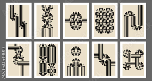 Retro 70s geometric posters. Vintage line arcs and knots print. Groovy striped design poster, abstract 1970s minimalist boho covers vector set