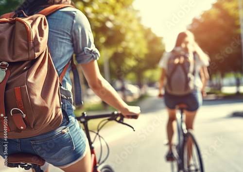 Young couple on bicycle city trip on summer sunny day.Macro.AI Generative