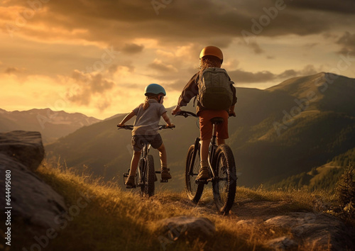 Kids on bicycles riding in mountains to see sunset.Macro.AI Generative