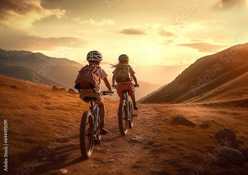 Kids on bicycles riding in mountains to see sunset.Macro.AI Generative © DenisMArt