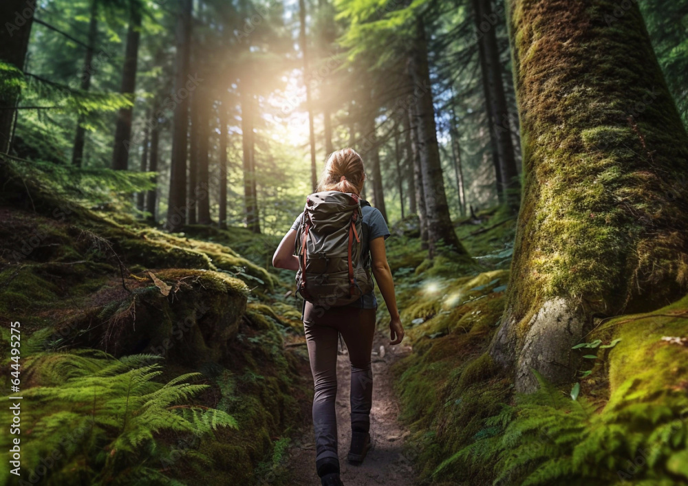 Obraz premium Young woman hiking in green summer forest with backpack.Macro.AI Generative.