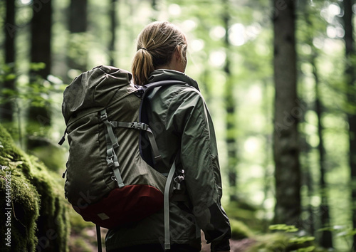 Young woman hiking in green summer forest with backpack.Macro.AI Generative.