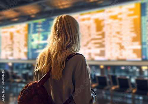 Young woman looking on flight schedule screen at airport before flight.macro.AI Generative.