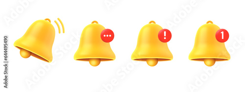 3d notification bell icon. Yellow ringing bell render with new subscription notification, social media reminder, alert. Realistic vector ui phone icons