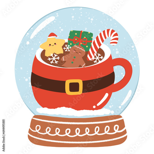 Christmas element in snow ball   Christmas doodles in hot chocolate cup for decorate card and background. Hand draw Christmas clip art.