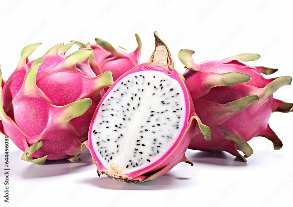 Exotic pitaya dragon fruits on white background.Macro.AI Generative Exotic pitaya dragon fruits on white background.Macro.AI Generative