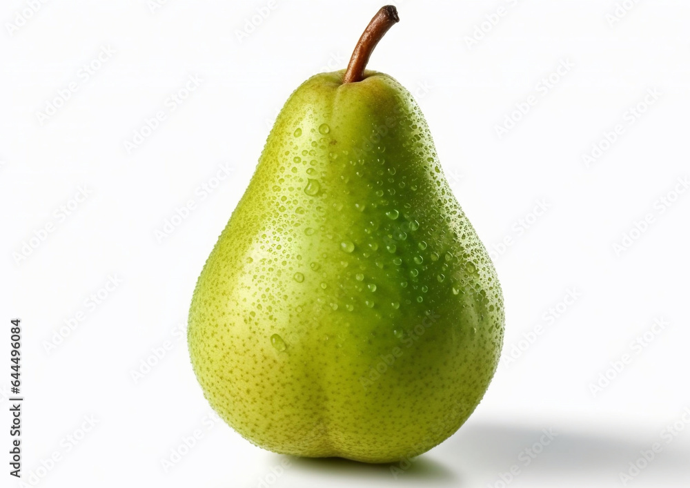Macro wet clean green pear on white background.AI Generative