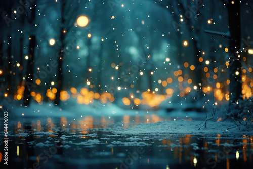 Defocused christmas bokeh street night city life: trees, snow, lights, night. High quality photo