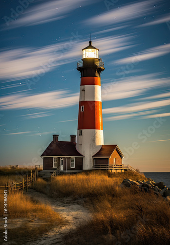 lighthouse on the coast at dusk or dawn. Whispy clouds.