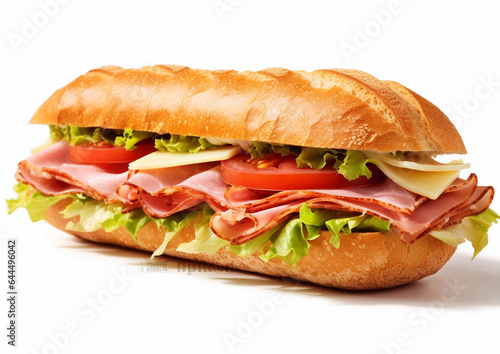 Healthy ham sandwich with tomato and lettuce on white.Macro.AI Generative © DenisMArt