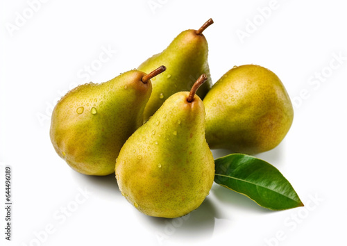 Yellow fresh ripe pears on white background.Macro.AI Generative