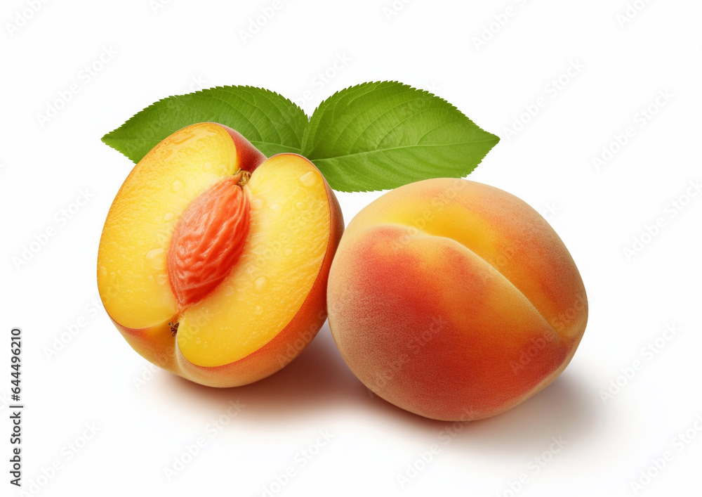 Two ripe juicy peaches with leaf on white background.Macro.AI Generative Two ripe juicy peaches with leaf on white background.Macro.AI Generative