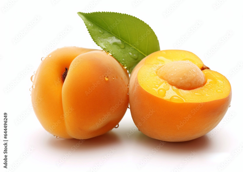Fresh apricots with leaf on white background.Macro.AI Generative
