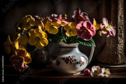 A still life close-up shot of Primrose Flowers. The flowers are nestled in a vintage porcelain vase, adding a touch of nostalgia to the composition - AI Generative © Being Imaginative