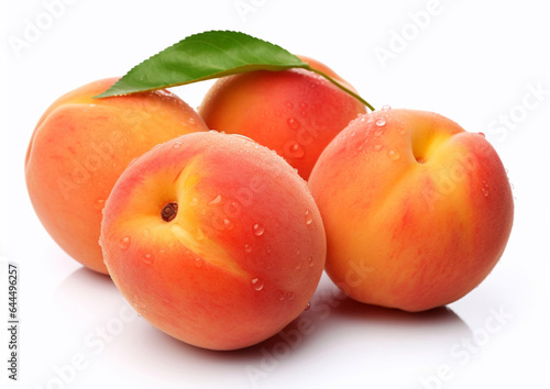 Ripe fresh peaches with leaf on white background.Macro.AI Generative