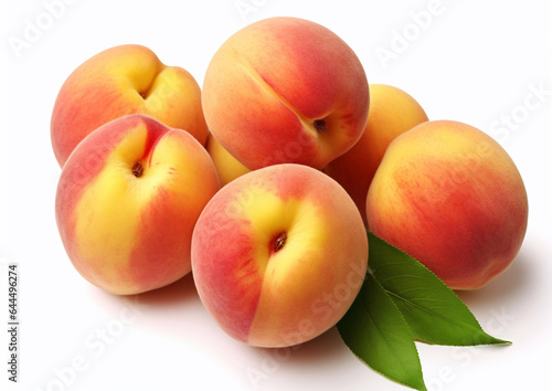 Ripe peaches with leaf on white background.AI Generative