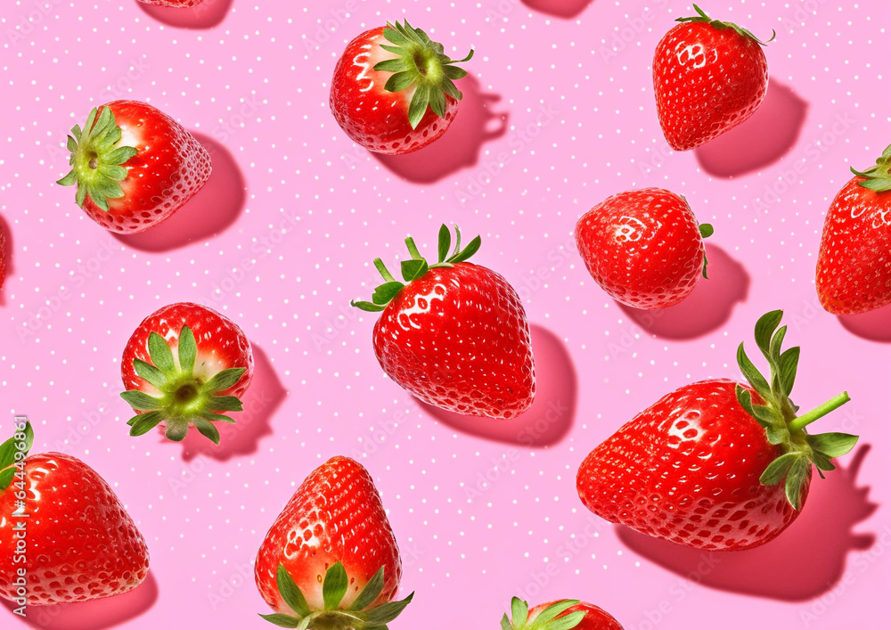 Macro fresh ripe strawberries on pink background.Top viev.AI Generative. Macro fresh ripe strawberries on pink background.Top viev.AI Generative.