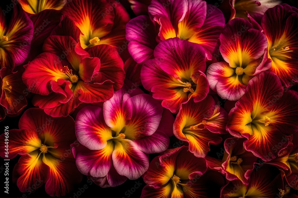 Fototapeta premium A still life close-up shot of Primrose Flowers. The vibrant colors burst forth, creating a riot of reds, pinks, and yellows - AI Generative