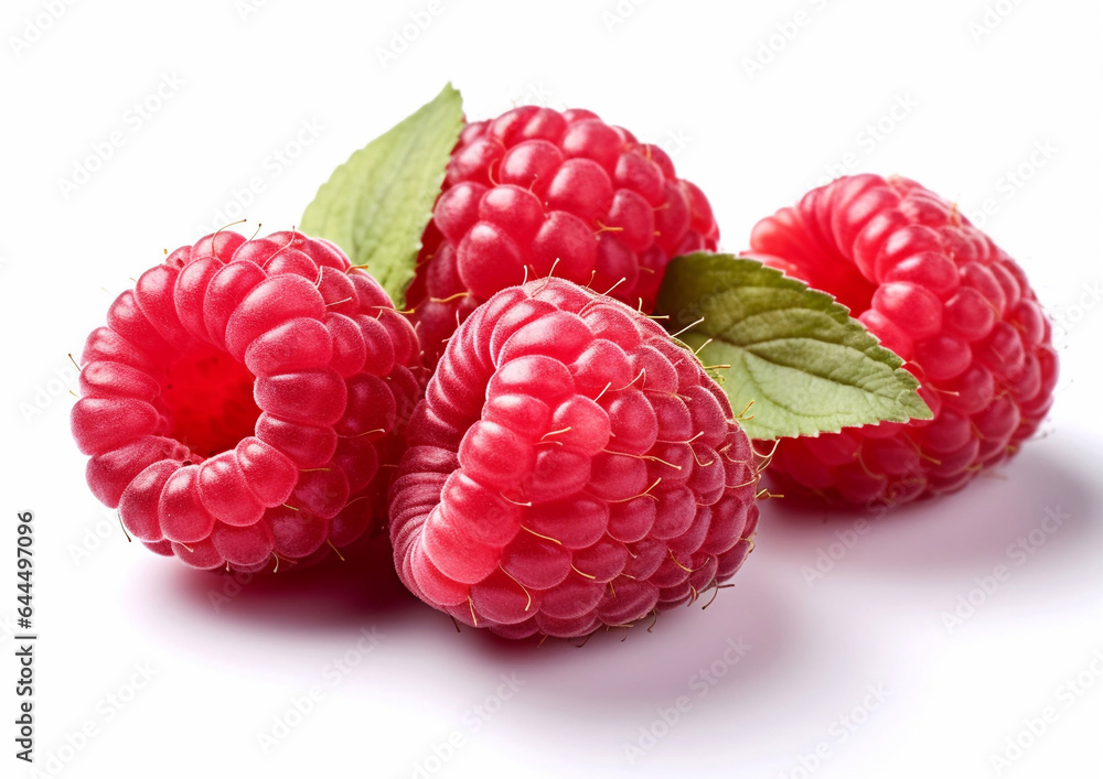 Raspberries red sweet berries on white background.Macro.AI Generative. Raspberries red sweet berries on white background.Macro.AI Generative.